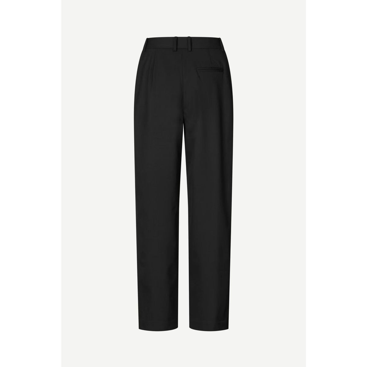 Black wide-leg cropped trousers with a high waist, front crease, and a single welt pocket on the right side, shown against a light gray background.
