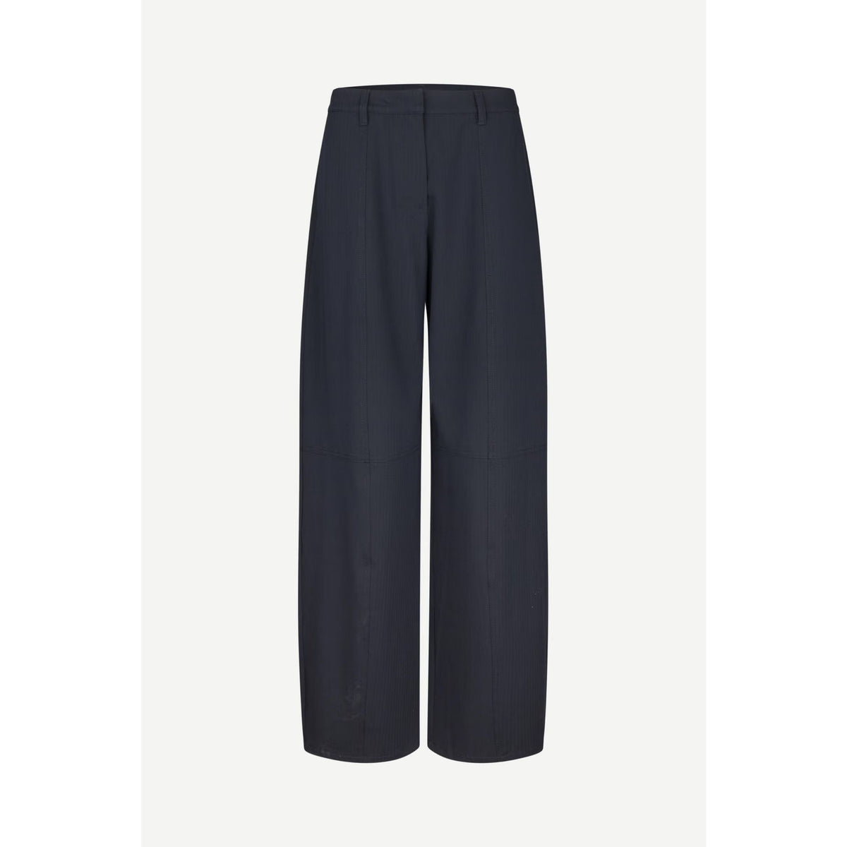 A pair of dark navy wide-leg cropped trousers shown flat against a light off-white background.