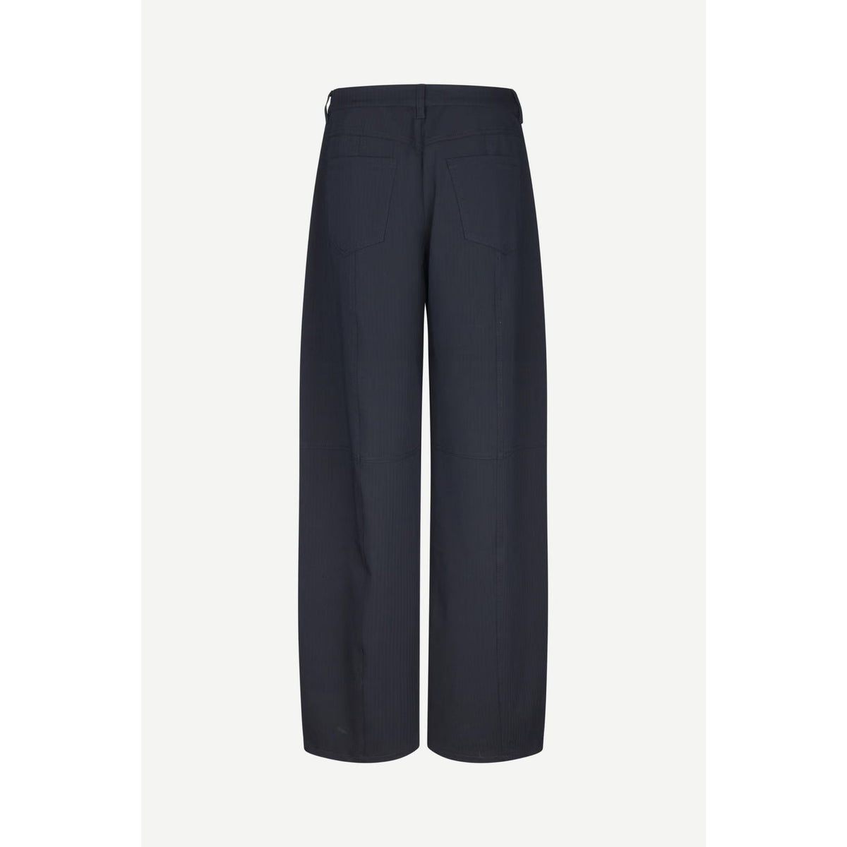 A pair of dark navy wide-leg trousers shown from the back, featuring a high waistband and two back pockets, set against a plain light gray background.