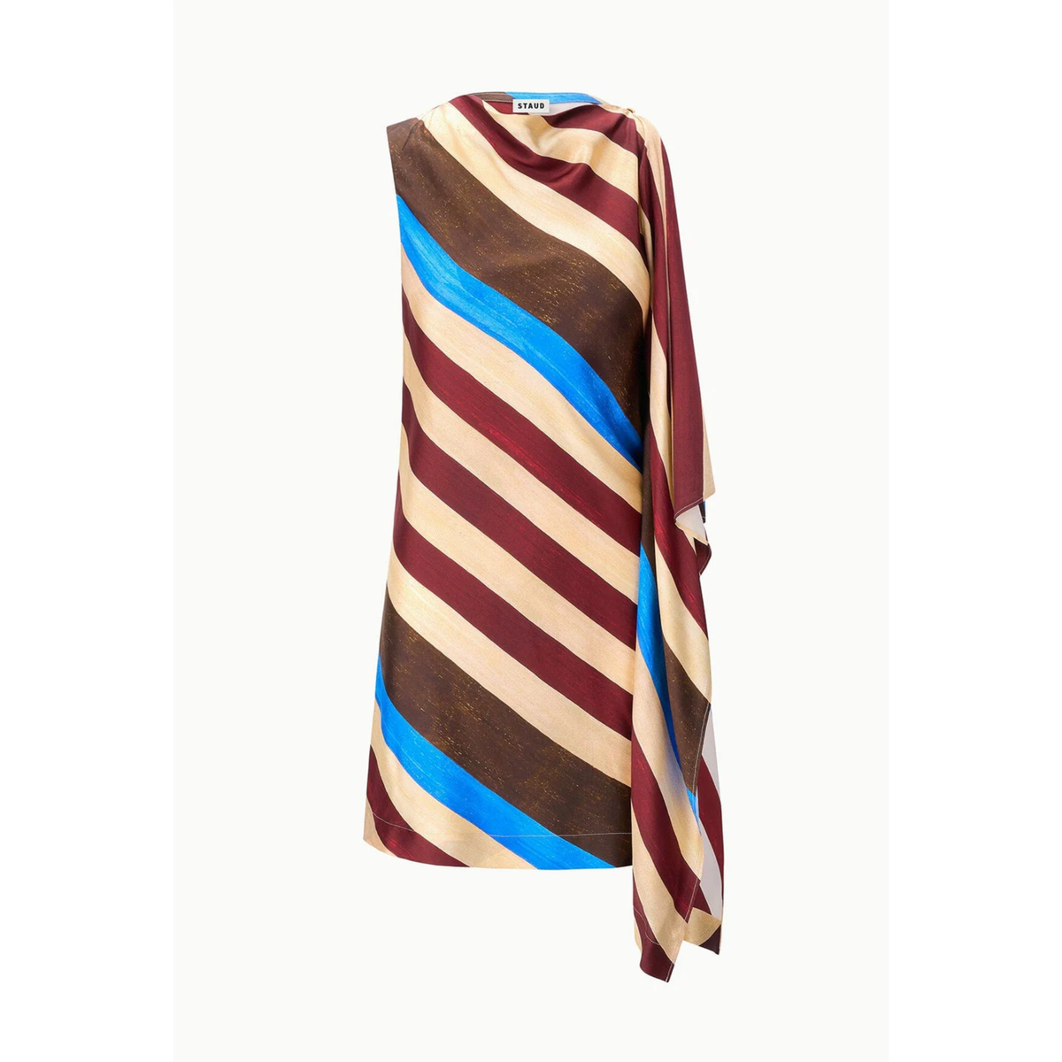 A sleeveless draped top with diagonal stripes in brown, beige, burgundy, and bright blue, shown against a plain white background.