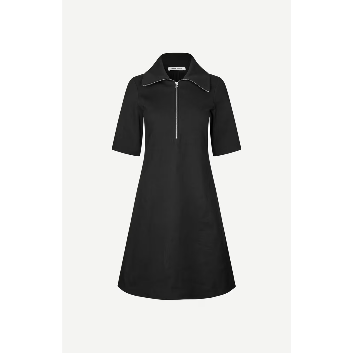 A black short-sleeve A-line dress with a half-zip collar, shown on a light gray background.
