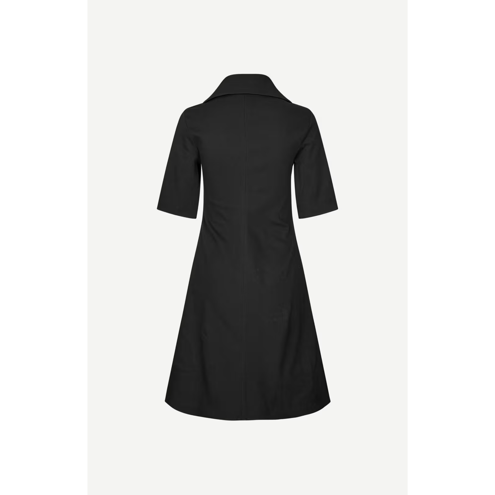 A black short-sleeve A-line dress with a half-zip collar, shown on a light gray background.