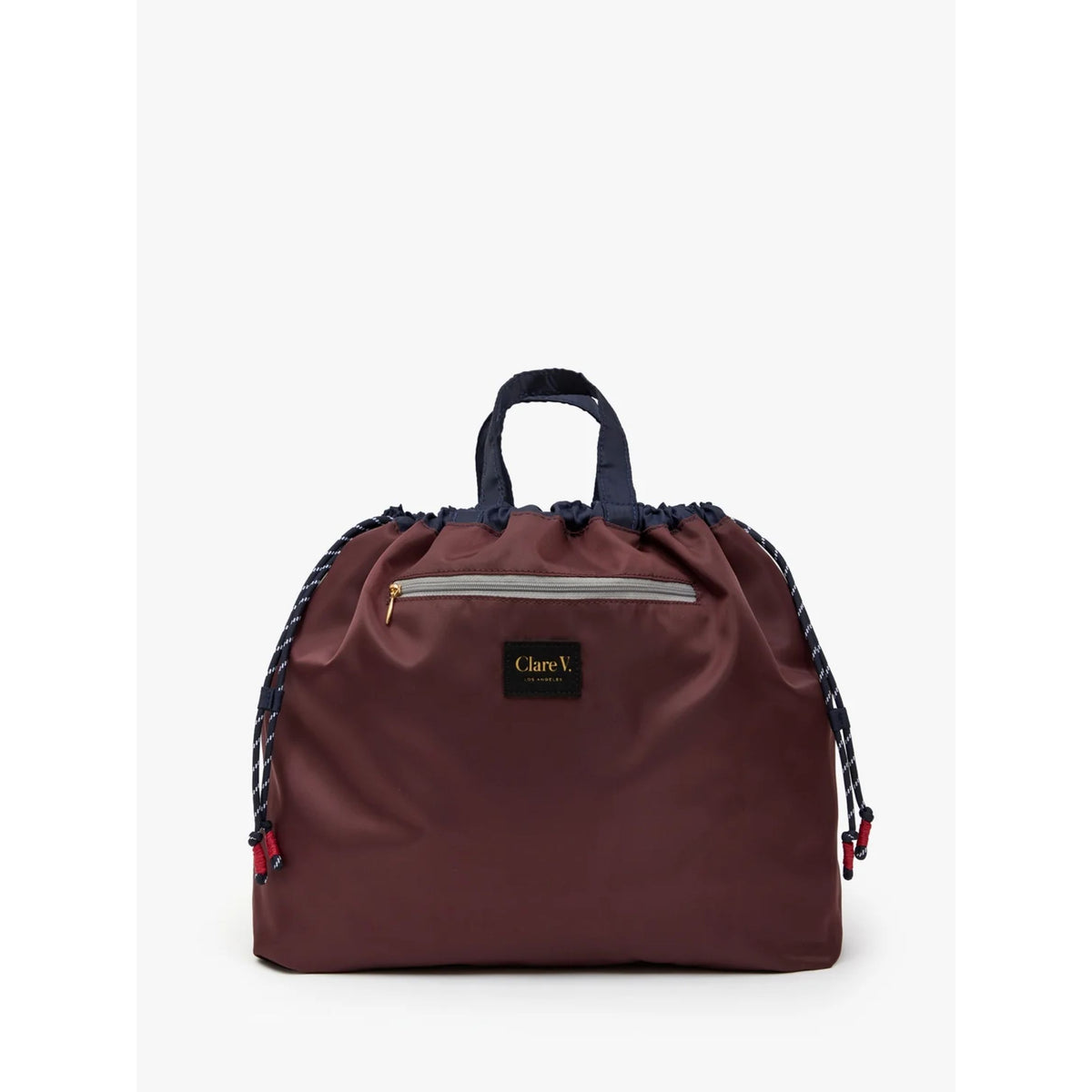 Front view of the Sac Tout bag in dark burgundy maroon nylon, inside out.