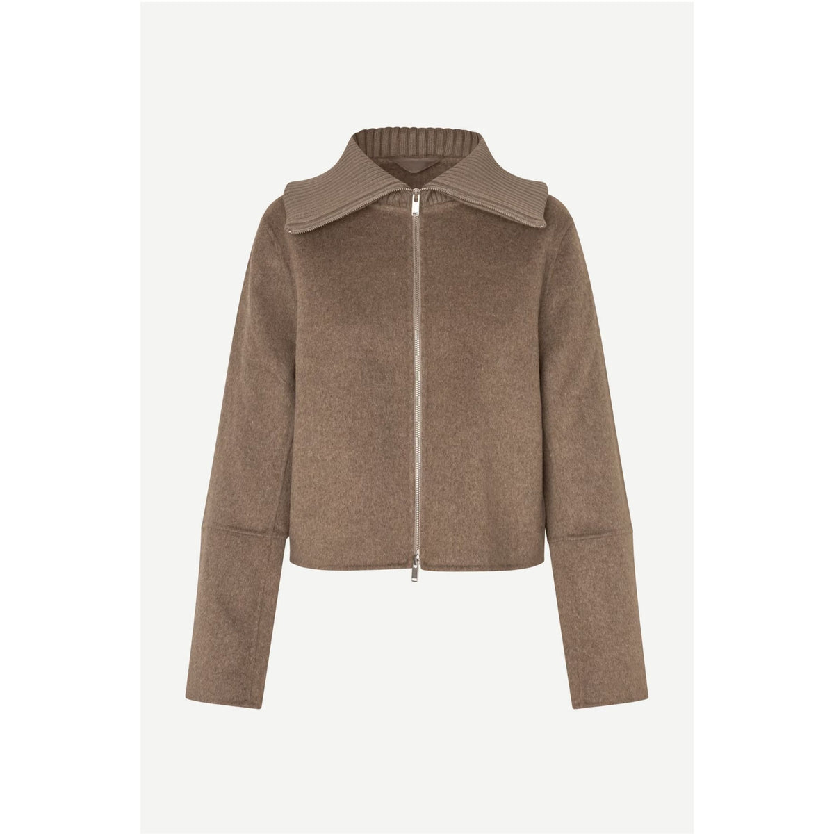 A cropped zip-up jacket in a warm taupe-brown color, featuring a ribbed knit collar and long sleeves, shown against a plain off-white background.