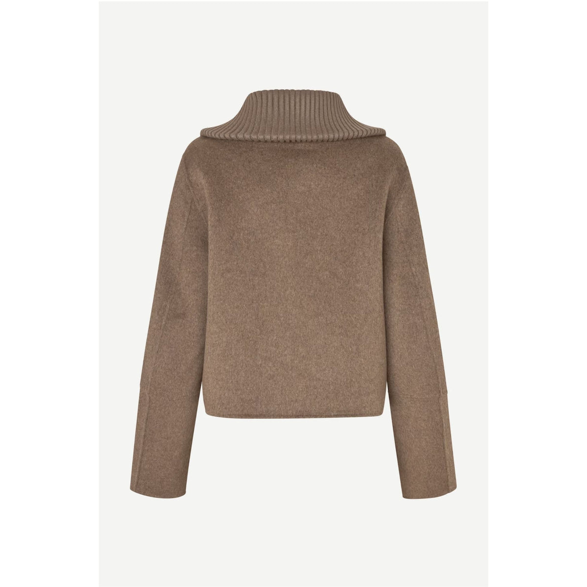 A cropped knit sweater in a warm taupe-brown color, featuring a ribbed mock neck collar and long sleeves, shown from the back against a light gray background.