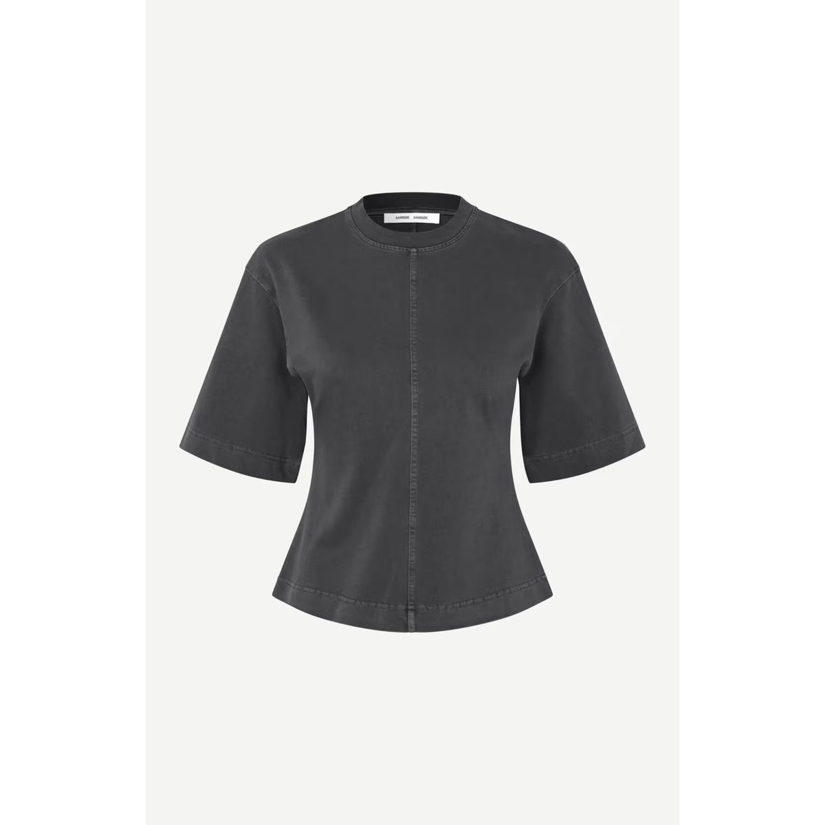 A dark gray short-sleeve top with a crew neck and a central seam detail, displayed on a clean off-white background.