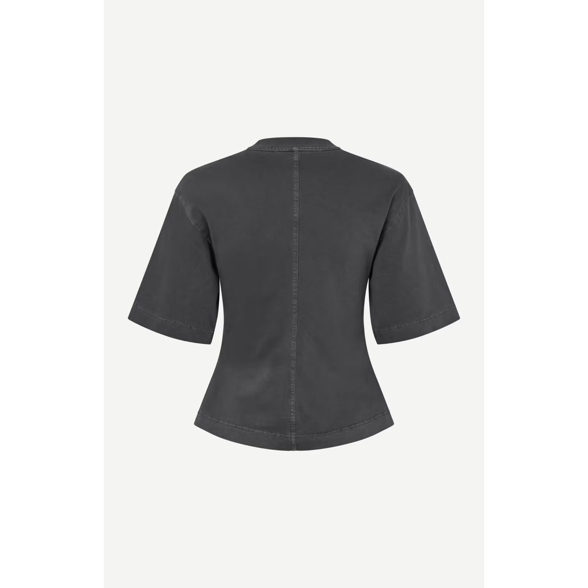A dark gray short-sleeve cropped top shown from the back, featuring a central seam and a curved hem, displayed on a light gray background.