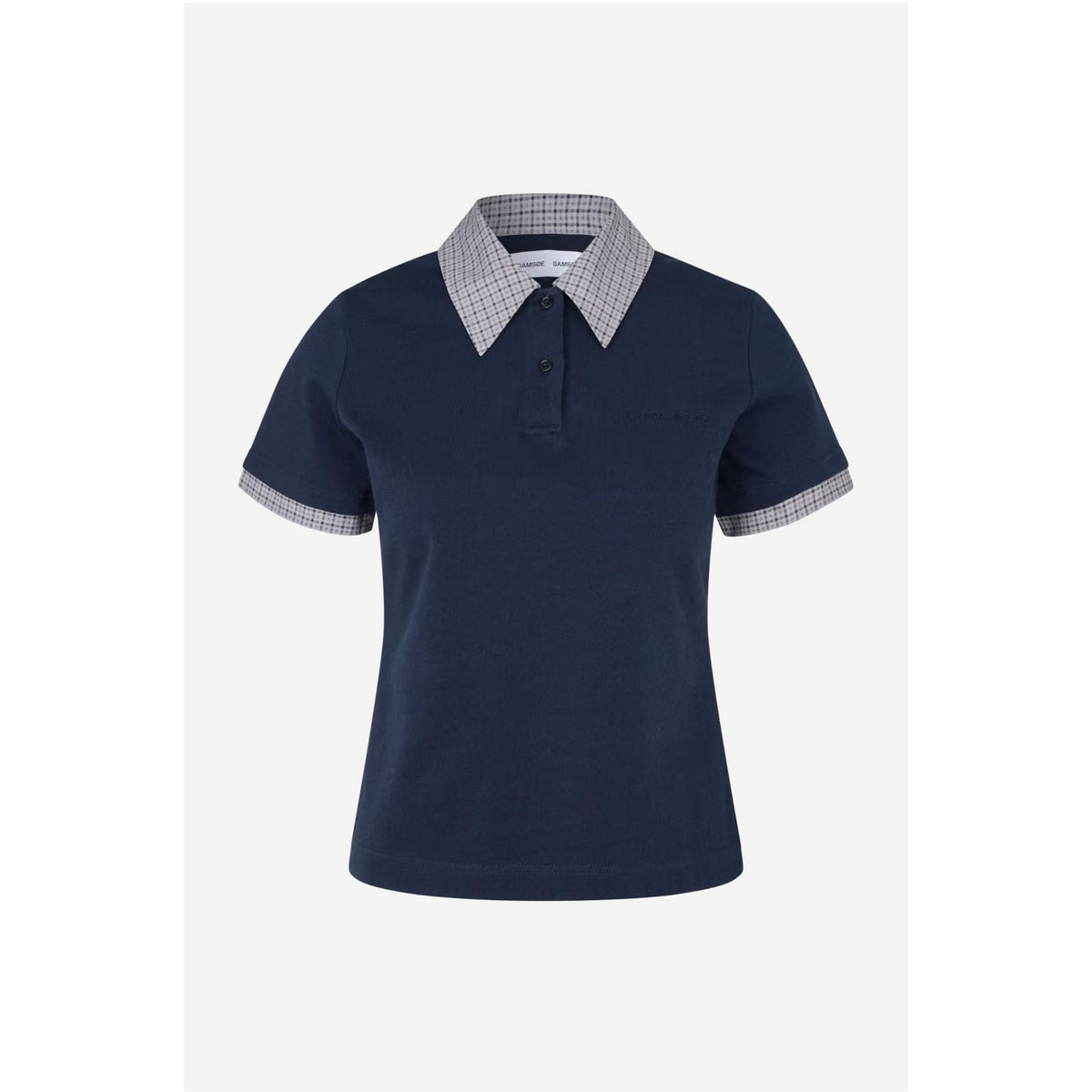 A navy blue short-sleeve polo shirt with a contrasting light gray and white checkered collar and matching checkered sleeve cuffs, displayed on a clean off-white background.