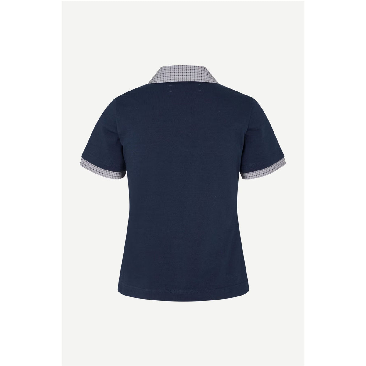 A navy blue short-sleeve polo shirt shown from the back, featuring a contrasting light gray and white checkered inner collar and sleeve cuffs.