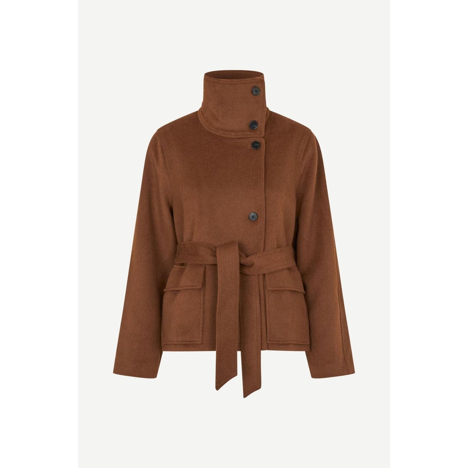 A brown wool-blend wrap coat with a high mock neck, asymmetrical button closure, and a matching waist tie belt, shown on a light gray background.