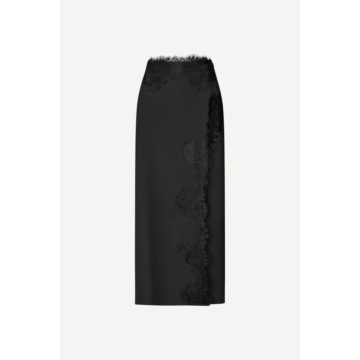 A black midi skirt featuring a sheer black lace panel running down the side and a matching lace waistband, shown against a light gray background.