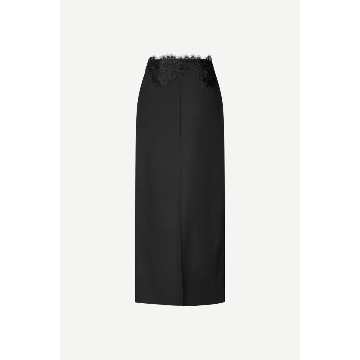 A black midi skirt with a sheer black lace waistband, shown against a light gray background.
