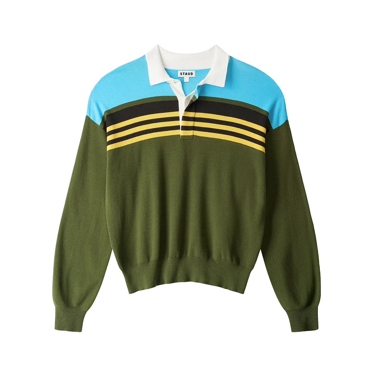 A color-blocked knit polo sweater by Staud, featuring an olive green body, a light blue yoke, a white collar, and horizontal stripes in black and yellow across the chest.