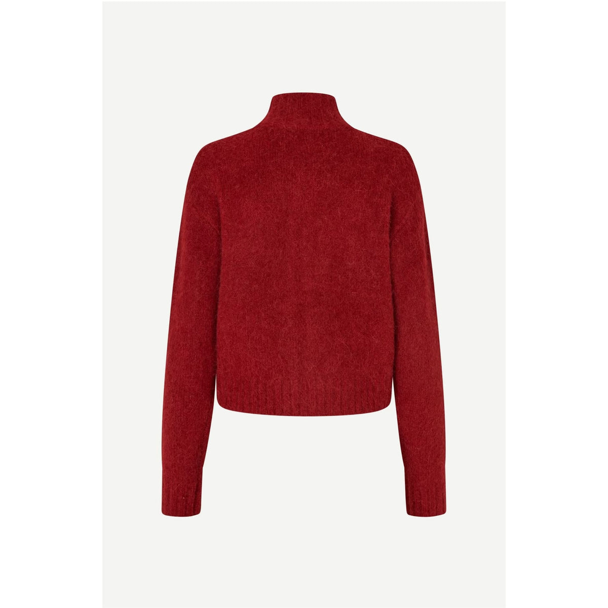 A textured knit turtleneck sweater in a deep burgundy red, shown from the back on a light gray background.