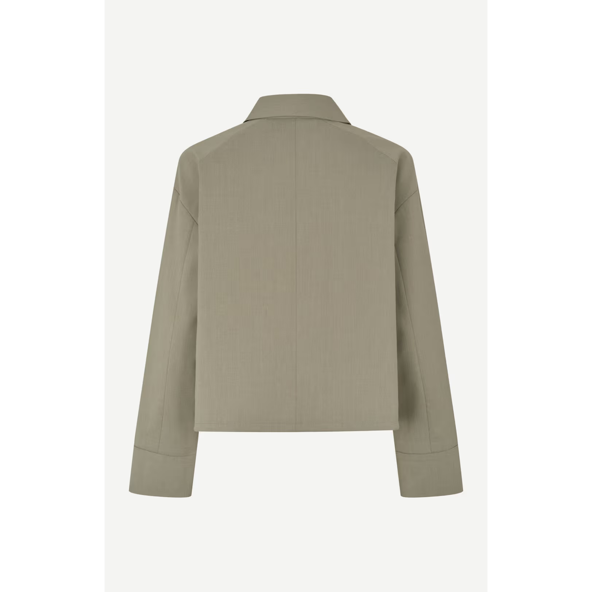 A cropped long-sleeve blazer shown from the back, in a solid taupe-beige color, displayed on a clean white background.