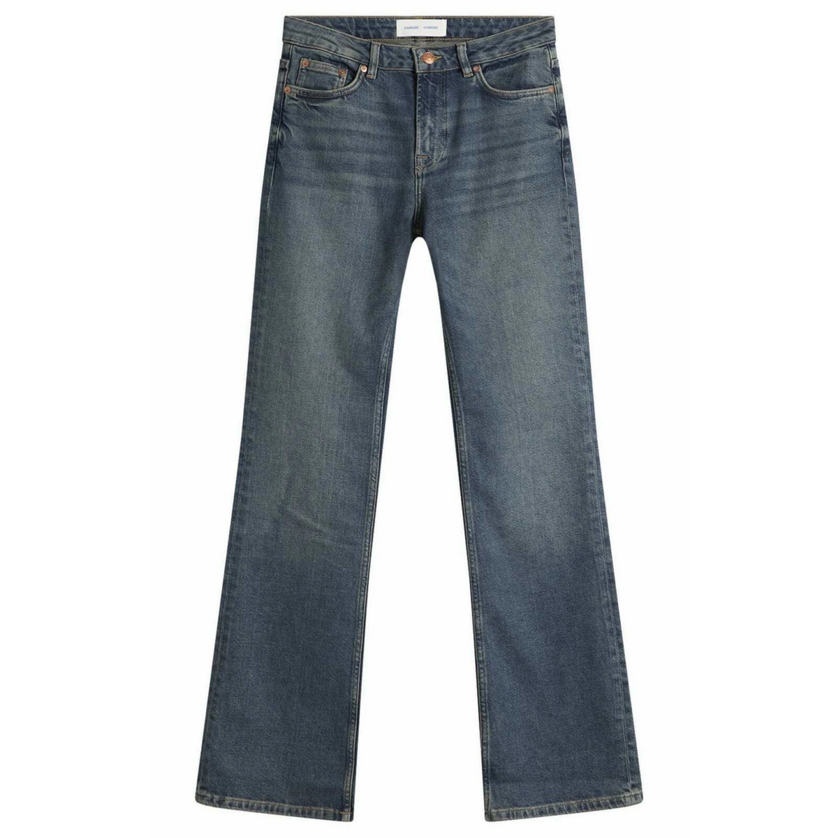 A pair of medium-wash blue denim jeans with a straight-leg or bootcut fit, shown flat against a solid white background.