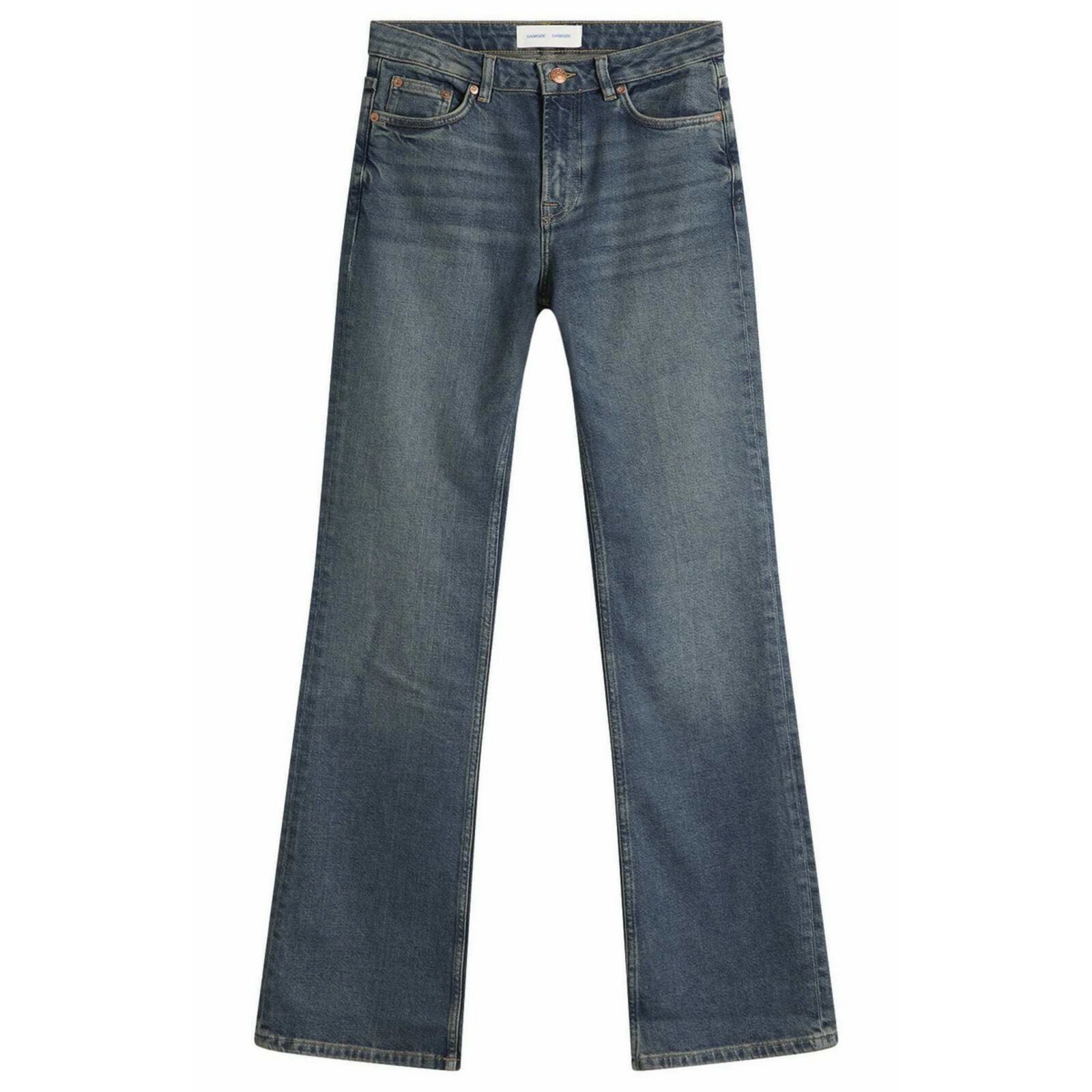 A pair of medium-wash blue denim jeans with a straight-leg or bootcut fit, shown flat against a solid white background.