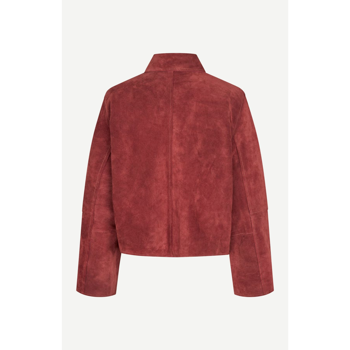A rust-red suede jacket shown from the back, featuring a high collar and long sleeves, displayed against a light off-white background.