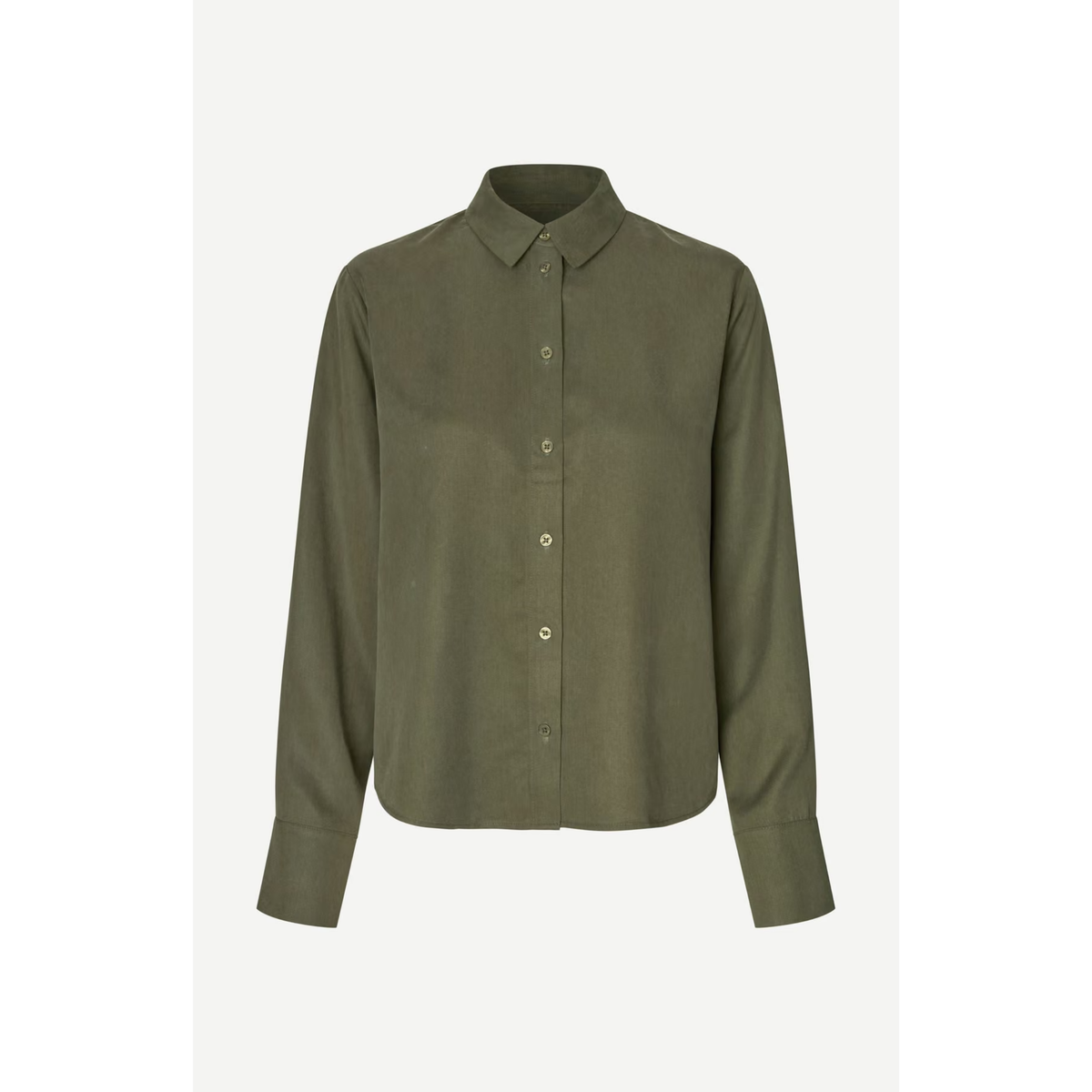 An olive green long-sleeve button-up shirt with a classic collar, displayed on a clean, light gray background.