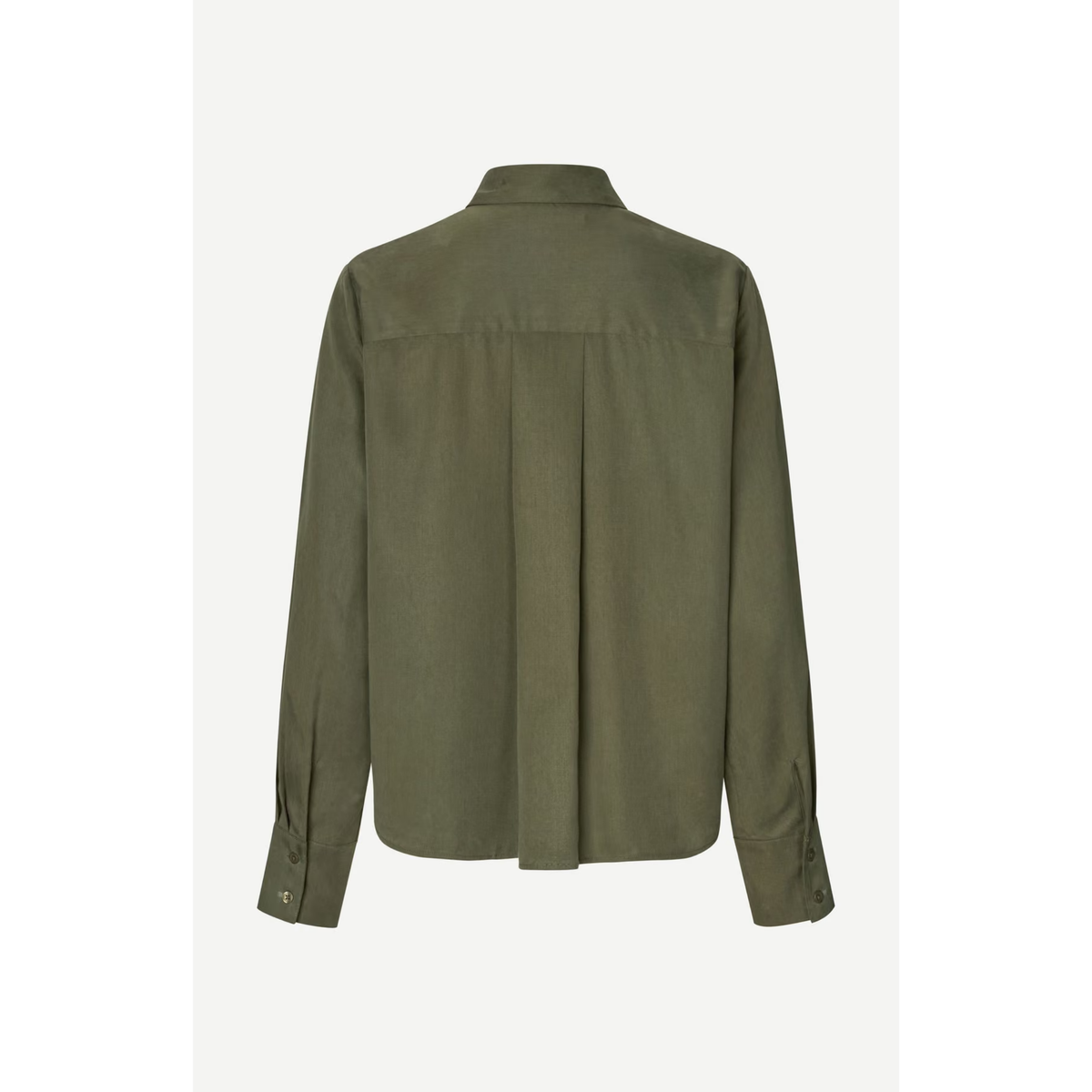 An olive green long-sleeve button-up shirt shown from the back, featuring a collar and a subtle vertical pleat detail at the center back, displayed on a clean off-white background.