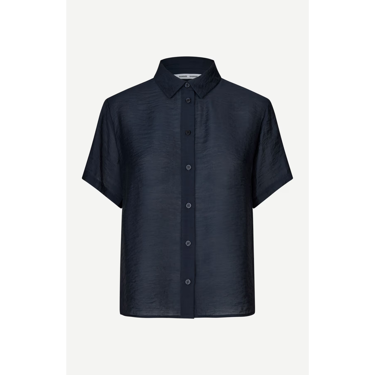 A dark navy blue short-sleeve button-up shirt with a textured crinkled fabric, displayed on a clean off-white background.
