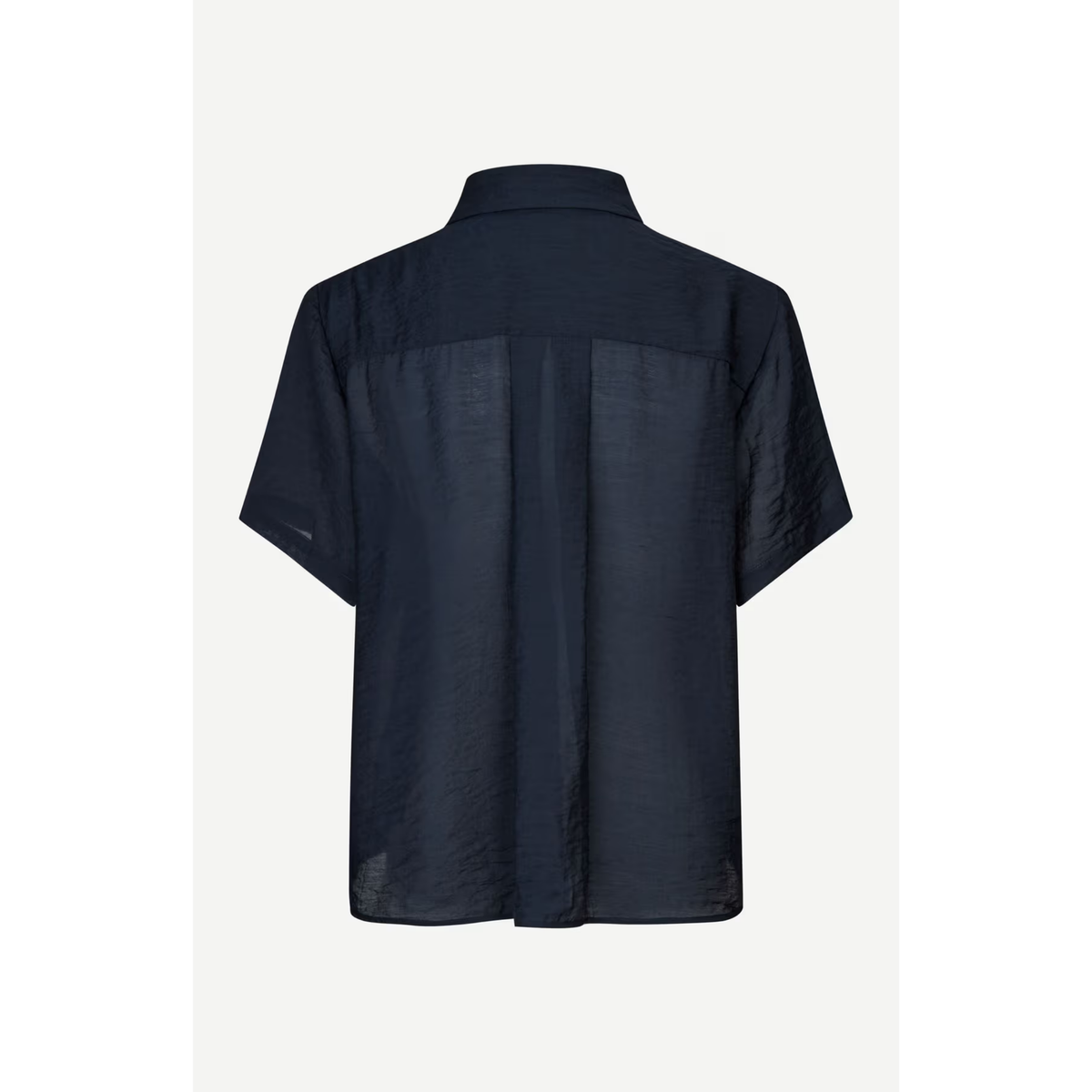 A dark navy blue short-sleeve button-up shirt shown from the back, featuring a collar and a subtle vertical seam detail, displayed on a light gray background.
