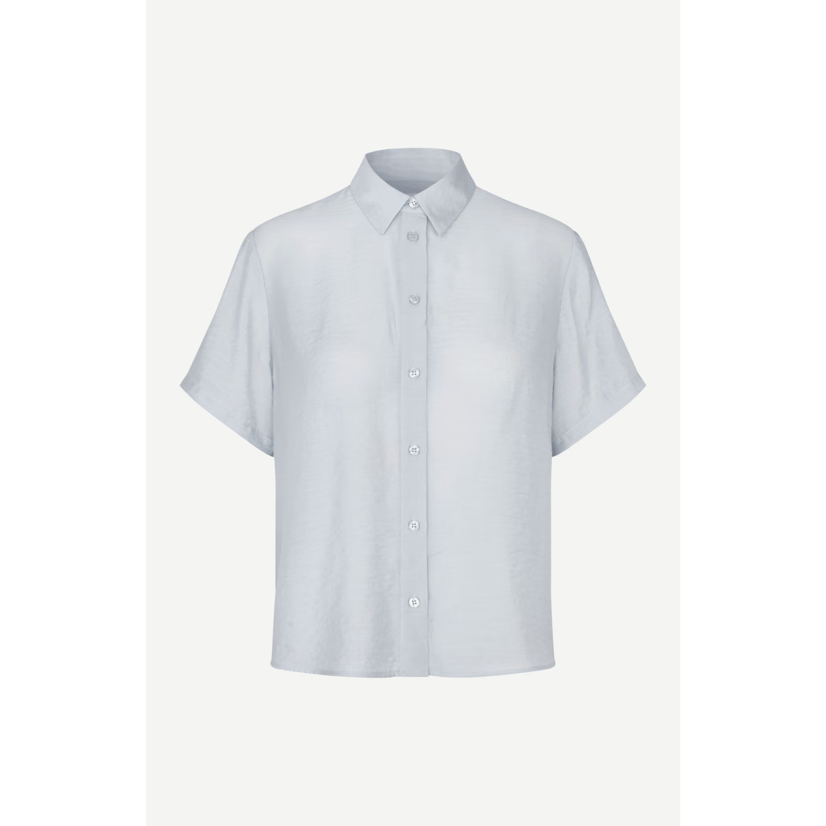 A light gray short-sleeve button-up shirt with a pointed collar, displayed on a clean, light gray background.