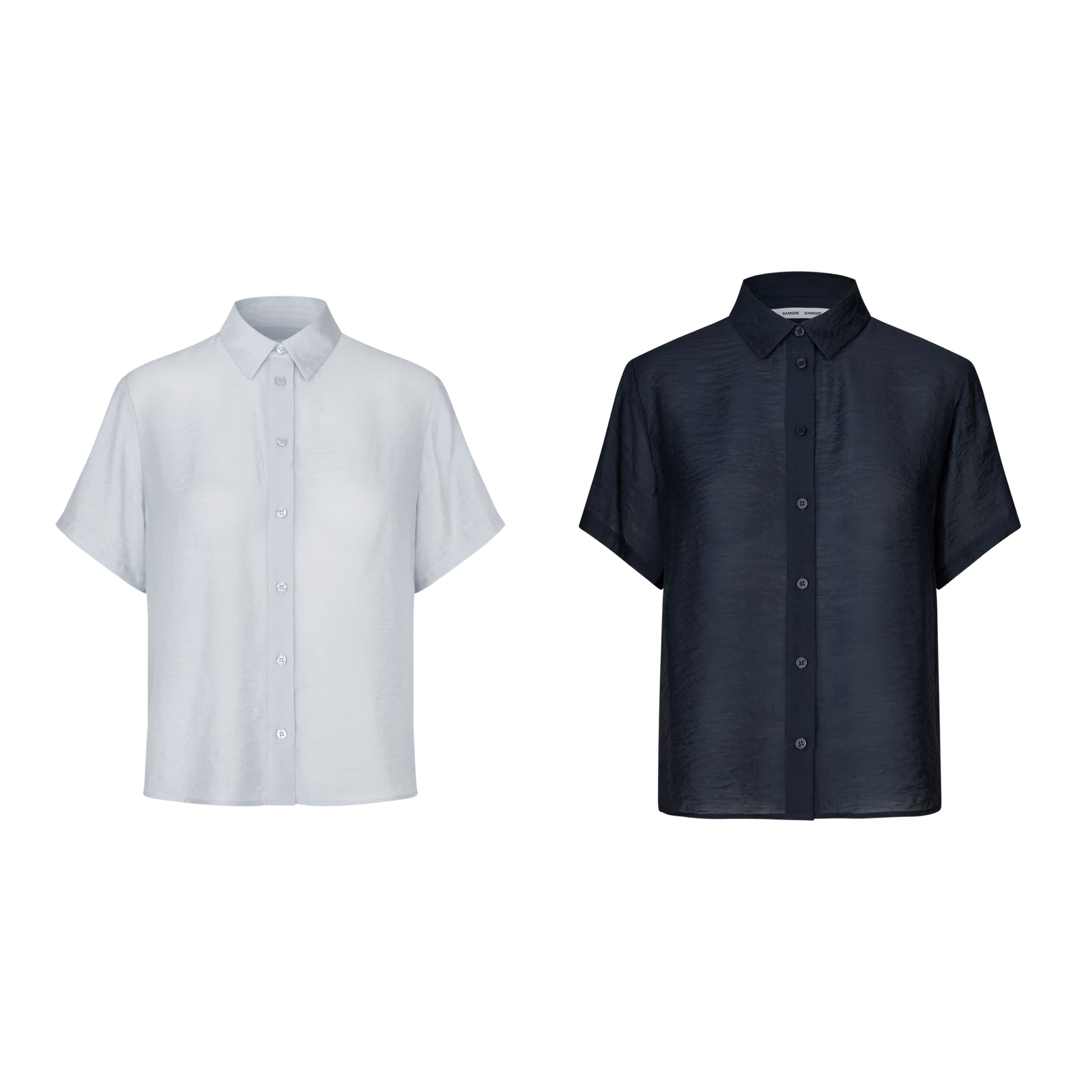 Two short-sleeve button-front collared shirts shown side by side on a plain white background: one light gray and one dark navy.