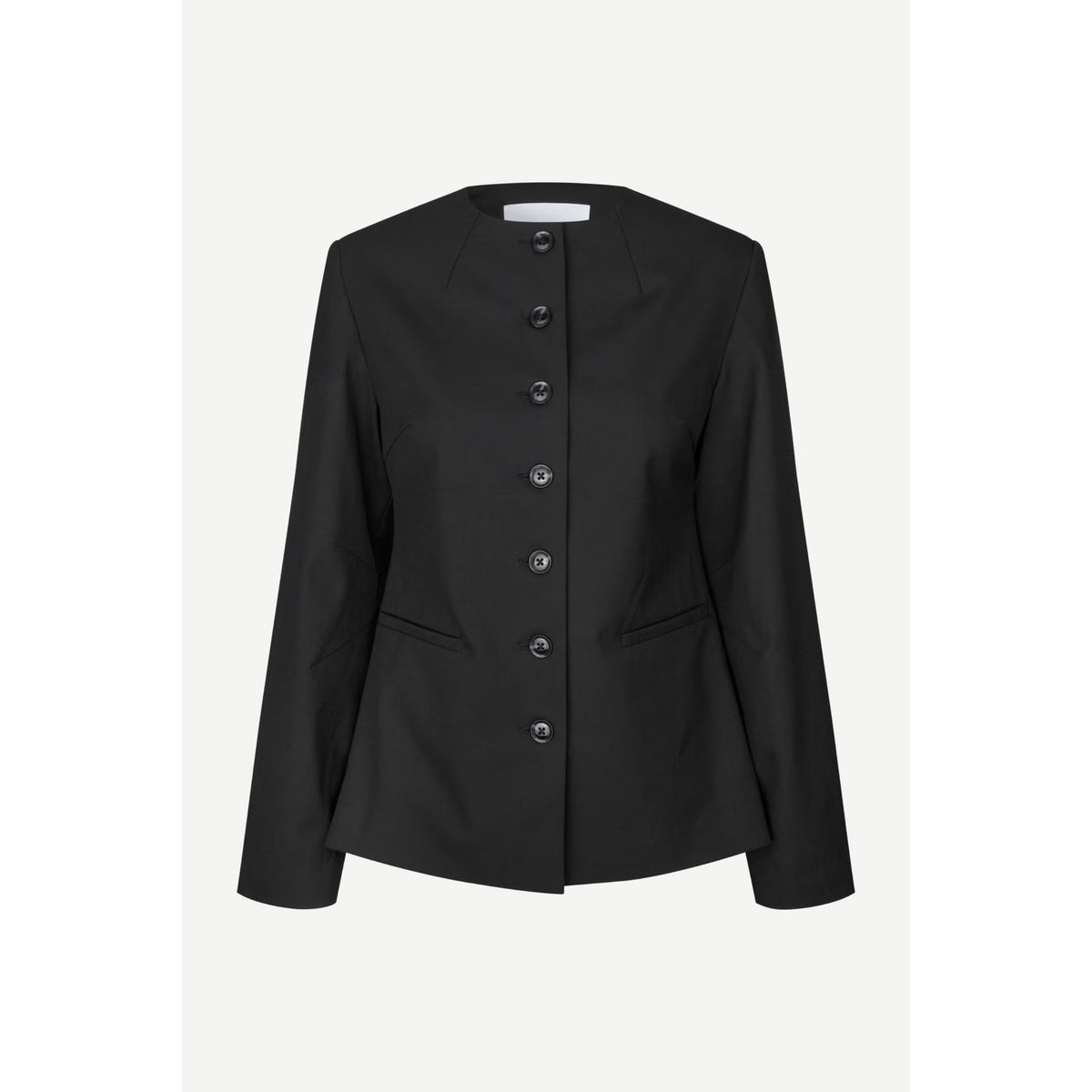 A black long-sleeve cropped jacket with a unique button-down front, displayed on a clean, light gray background.