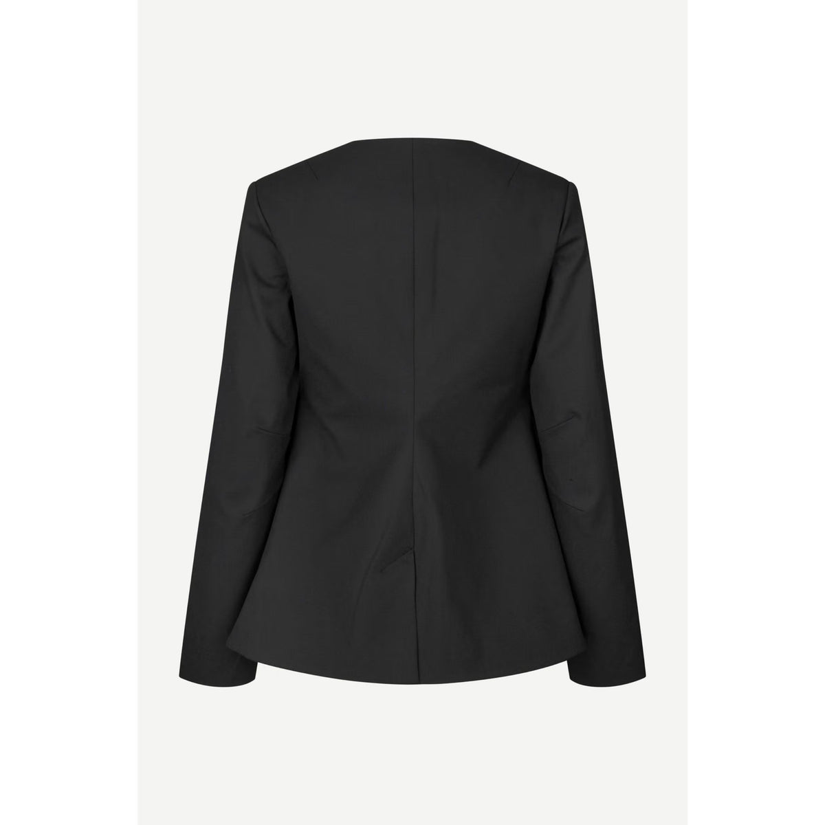 A black long-sleeve blazer shown from the back, featuring a structured shoulder design and a central seam, displayed on a light gray background.