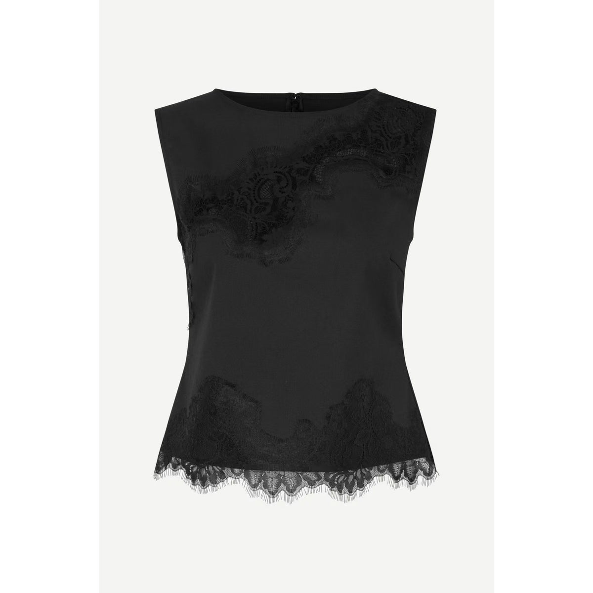 A black sleeveless top with intricate lace applique detailing across the chest and a scalloped lace hem, displayed on a neutral light gray background.