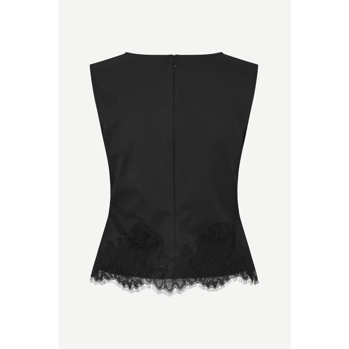 Black sleeveless top with a structured silhouette, lace trim at the hem, and a central back zipper, shown against a light gray background.