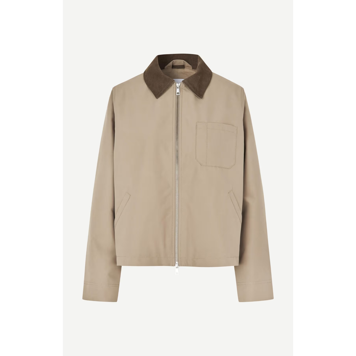 A beige utility jacket with a contrasting brown corduroy collar, featuring a front zipper, a chest pocket, and two lower welt pockets, shown against a light gray background.