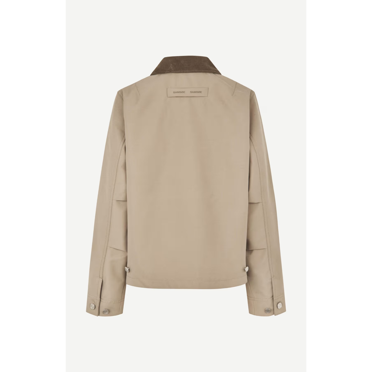 A beige utility jacket with a contrasting brown corduroy collar, shown from the back against a light gray background.