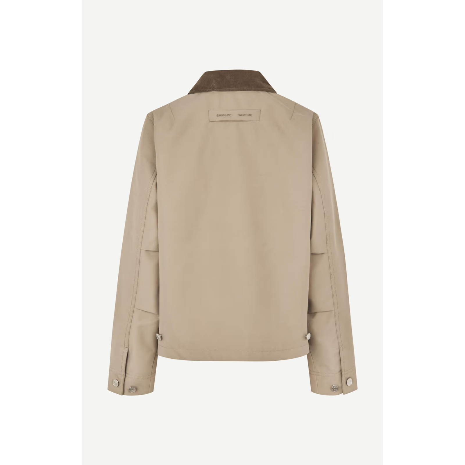 A beige utility jacket with a contrasting brown corduroy collar, featuring a front zipper, a chest pocket, and two lower welt pockets, shown against a light gray background.