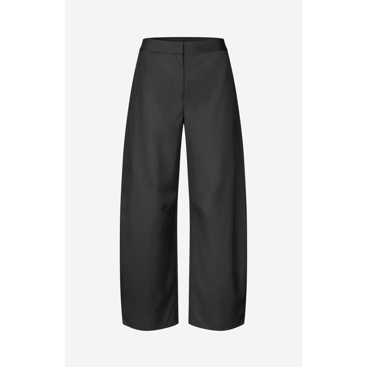 Black wide-leg cropped trousers shown flat against a light gray background.