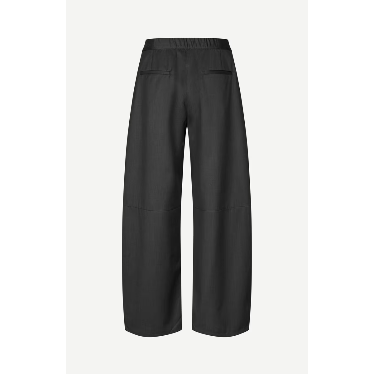 Black wide-leg cropped pants shown from the back, featuring an elastic waistband and two welt back pockets, displayed on a clean off-white background.