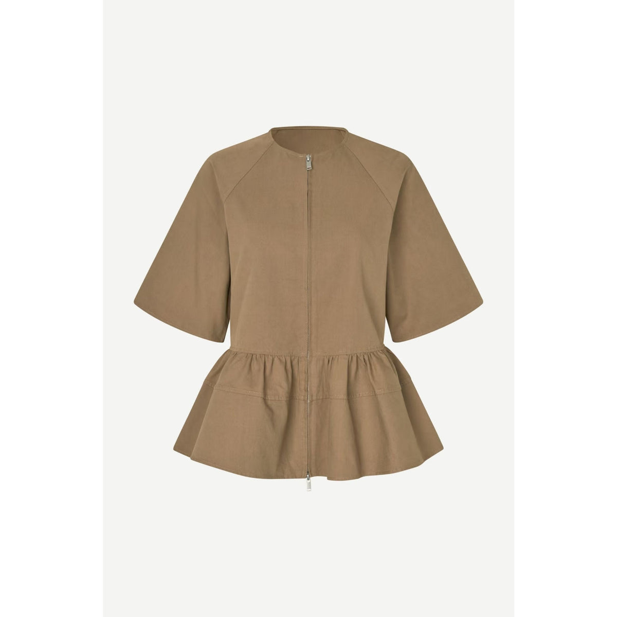 A taupe brown short-sleeve jacket with a front zipper, raglan sleeves, and a gathered peplum hem, shown against a light gray background.