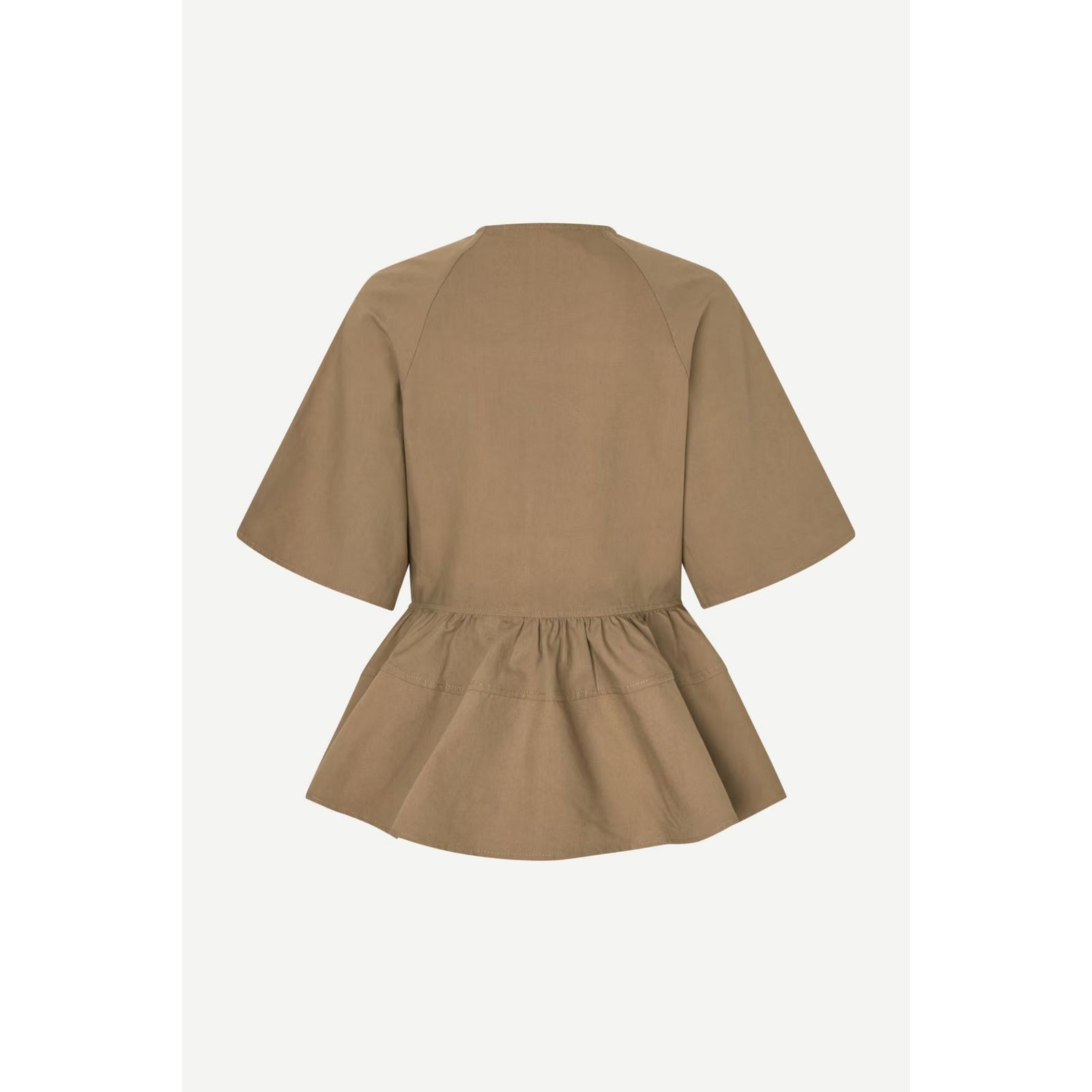 A taupe brown short-sleeve jacket with a front zipper, raglan sleeves, and a gathered peplum hem, shown against a light gray background.