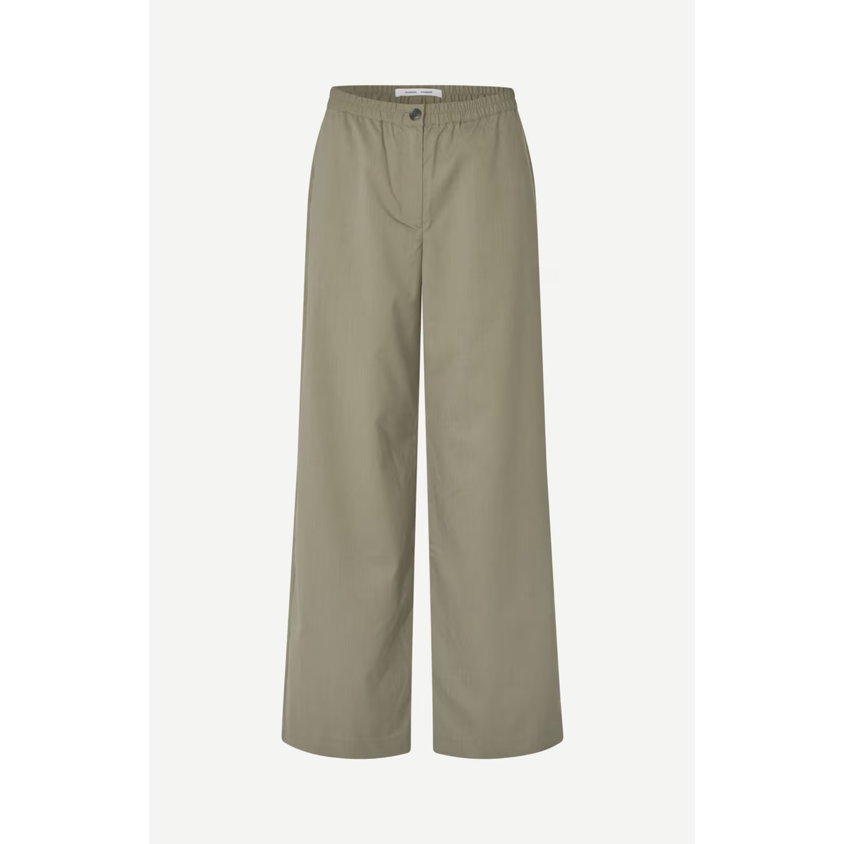 A pair of wide-leg cropped pants in a muted sage green color, displayed on a clean, light off-white background.
