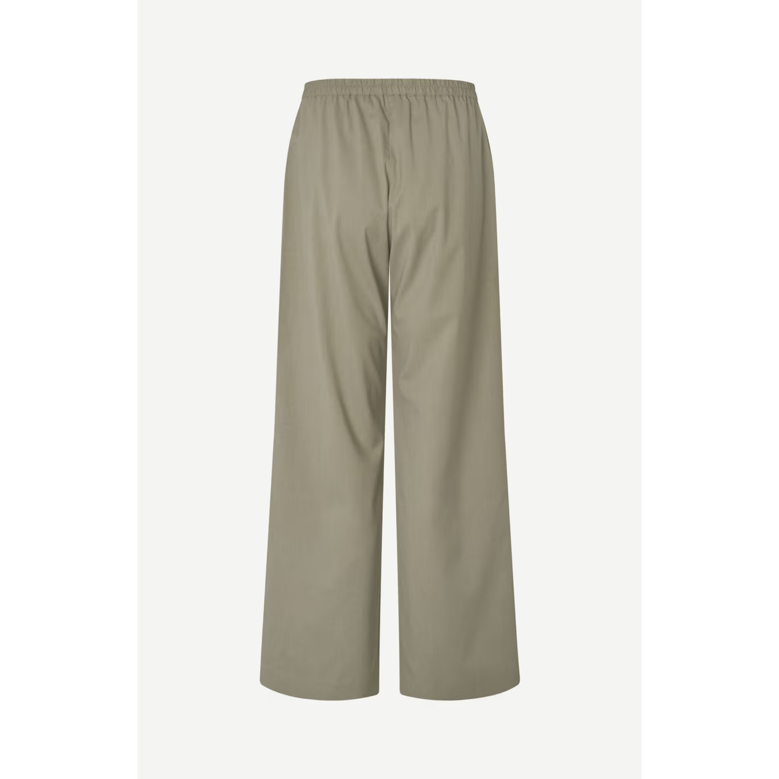 A pair of wide-leg cropped pants in a muted sage green color, displayed on a clean, light off-white background.