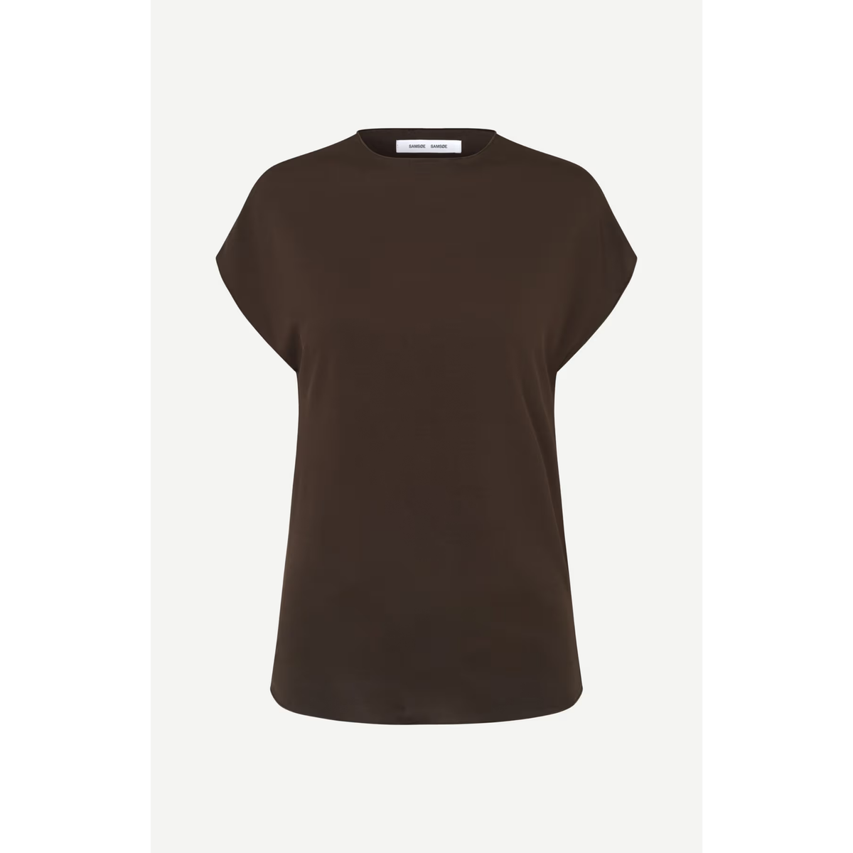 A dark brown short-sleeve crewneck top displayed on a neutral light gray background.