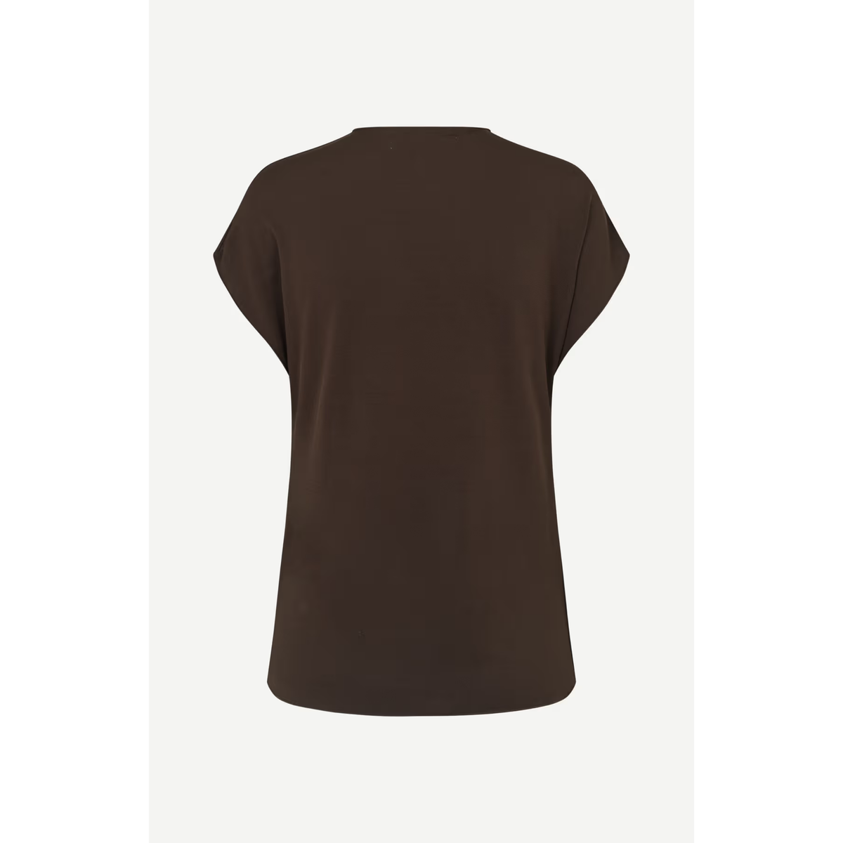 A dark brown short-sleeve t-shirt shown from the back, displayed on a light gray mannequin torso against a white background.