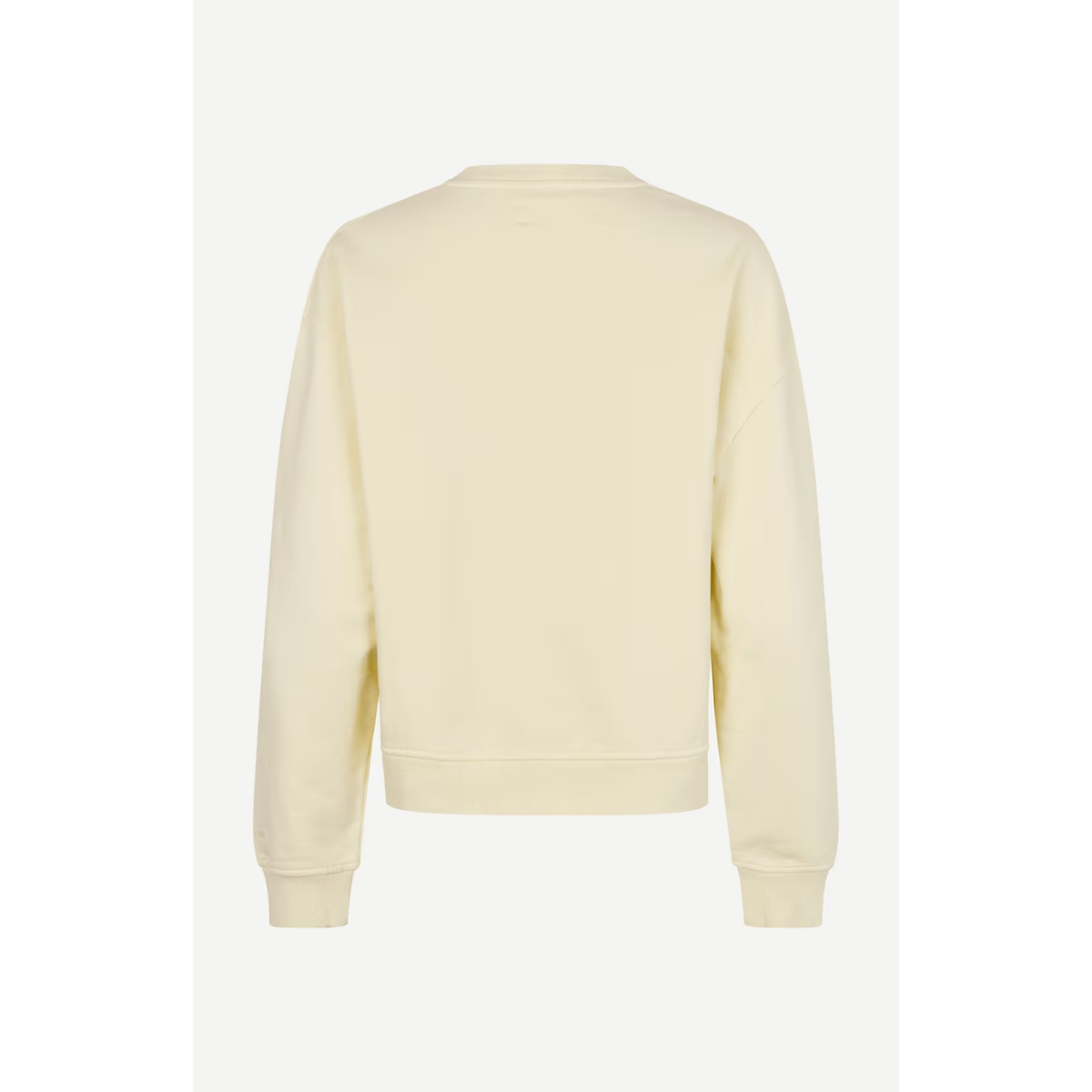 A pale cream-colored crewneck sweatshirt shown from the back, displayed on a clean white background.