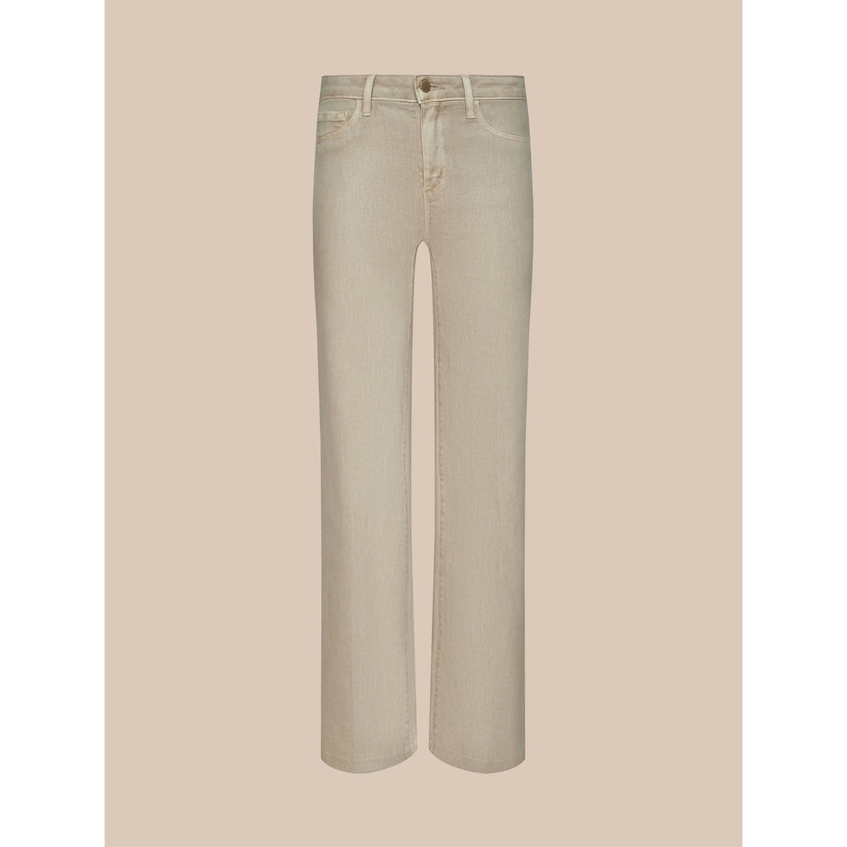 A pair of light beige straight-leg jeans displayed flat against a solid beige background.