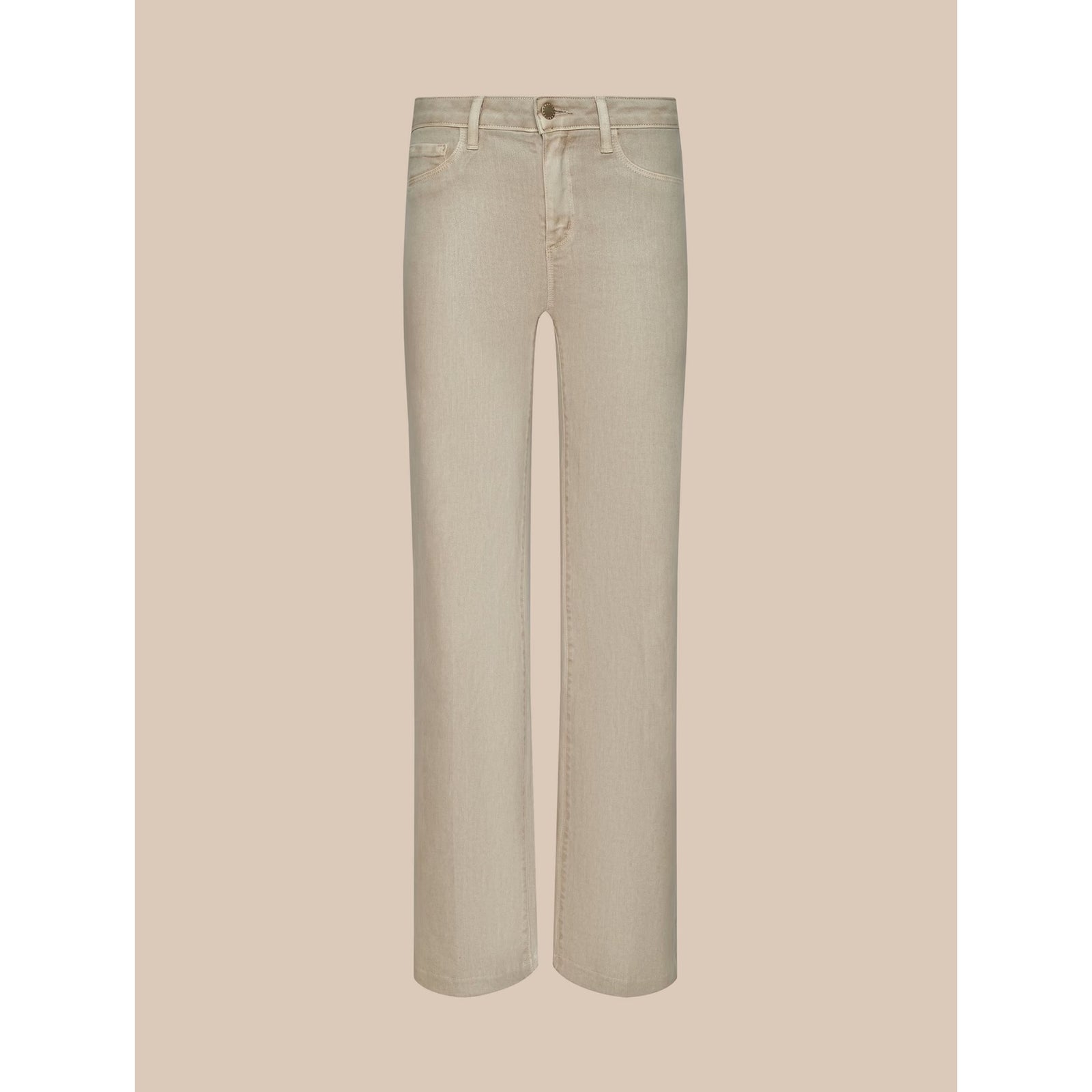 A pair of light beige straight-leg jeans displayed flat against a solid beige background.