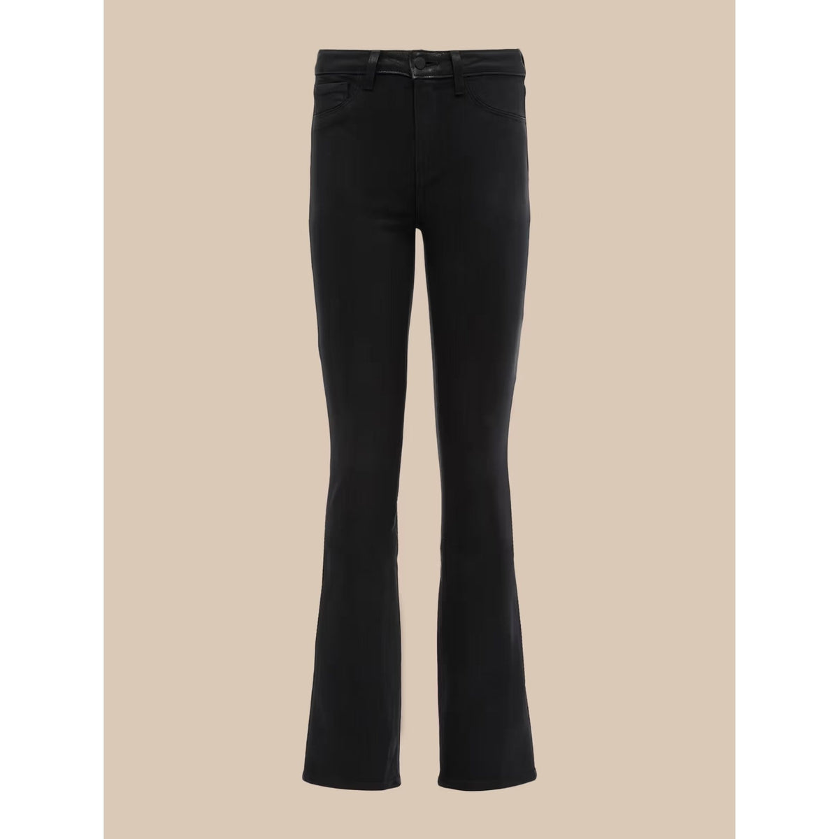 Black flared jeans displayed on a headless mannequin against a solid beige background.