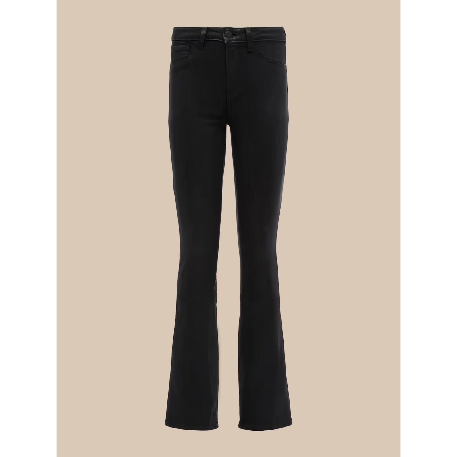 Black flared jeans displayed on a headless mannequin against a solid beige background.