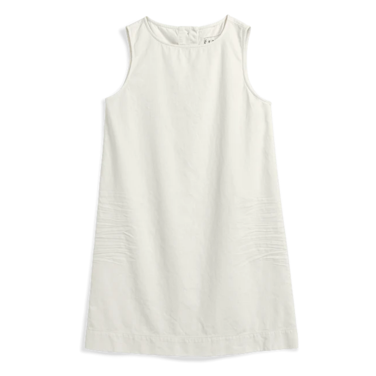 An off-white sleeveless shift dress with a relaxed, slightly wrinkled texture, shown flat against a plain white background.