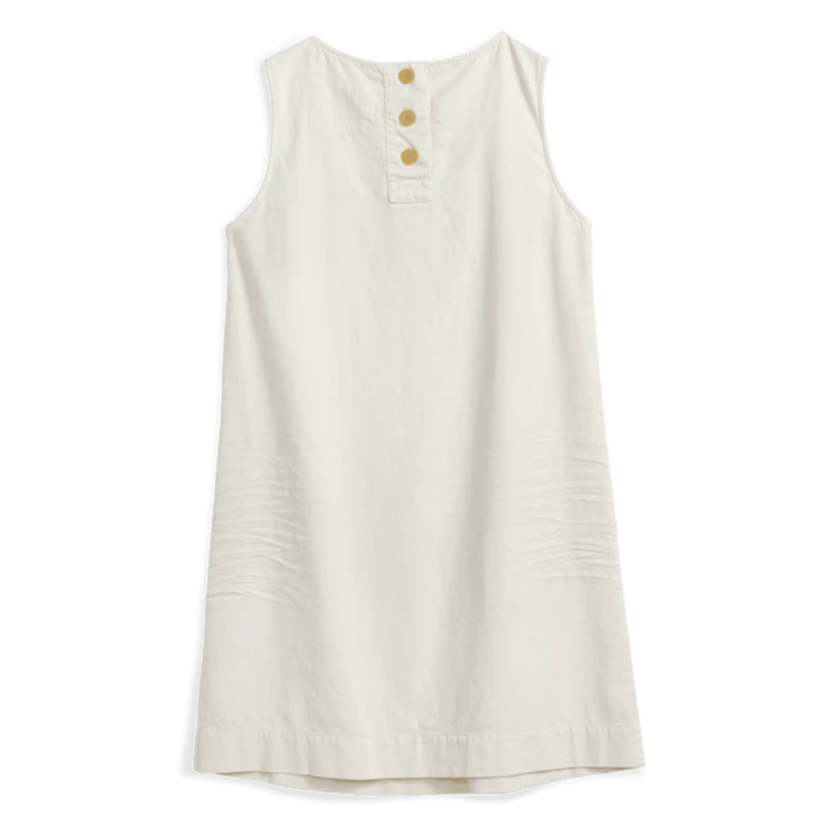 An off-white sleeveless tunic dress with a three-button placket at the back, displayed flat against a white background.